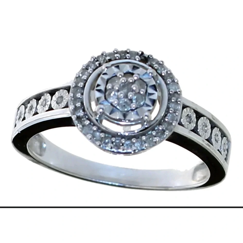 Round Brilliant 1/5 ct Natural Diamond Halo Ring Sterling Silver 925 Size 7
